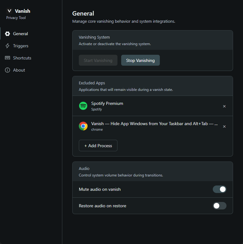 Vanish general settings page showing a configured hide list with two apps and the Start Vanishing button enabled