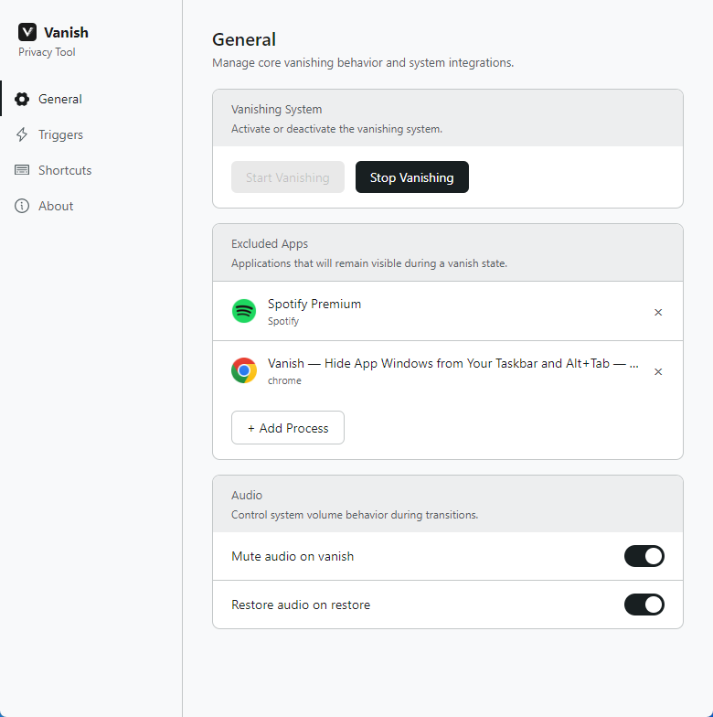 Vanish general settings page showing a configured hide list with two apps and the Start Vanishing button enabled