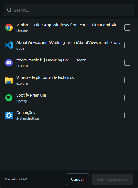 Vanish general settings page with the process selector open, showing apps being added to the hide list