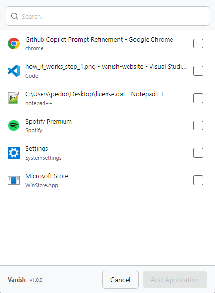 Vanish general settings page with the process selector open, showing apps being added to the hide list