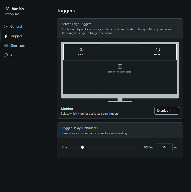 Vanish triggers page showing the 8-zone screen edge grid with a corner zone selected