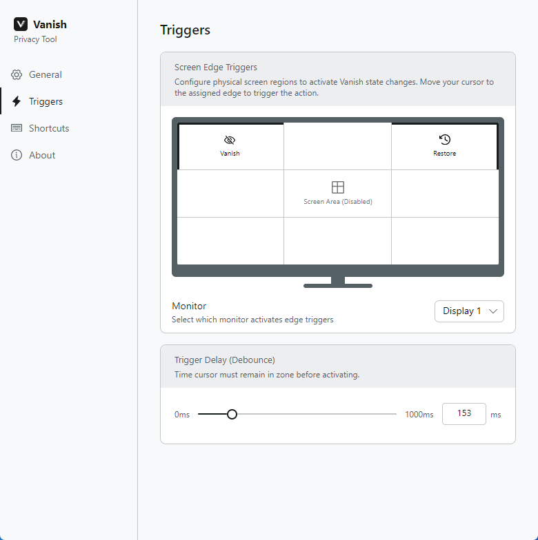 Vanish triggers page showing the 8-zone screen edge grid with a corner zone selected