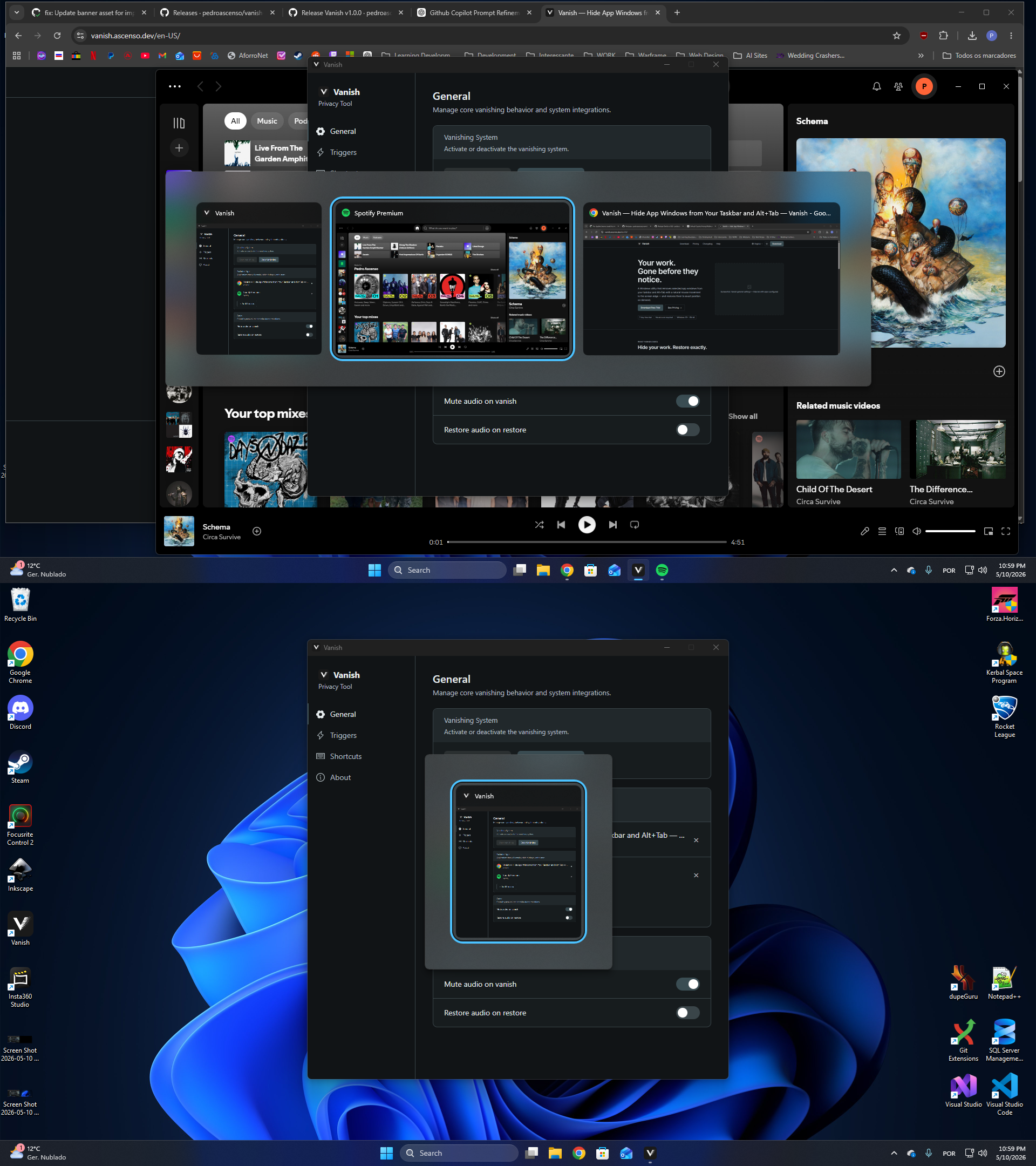 Side-by-side showing desktop taskbar with apps visible, then the same taskbar empty after triggering Vanish