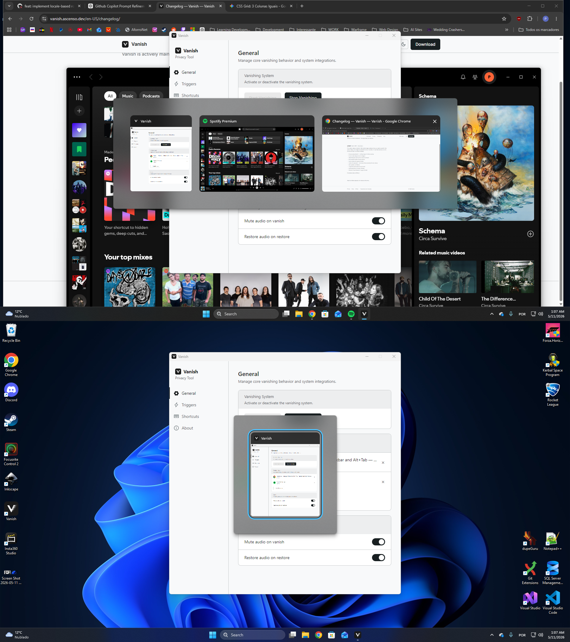 Side-by-side showing desktop taskbar with apps visible, then the same taskbar empty after triggering Vanish
