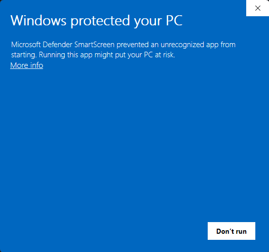 Windows SmartScreen dialog showing 'Windows protected your PC' with an arrow pointing to the 'More info' link